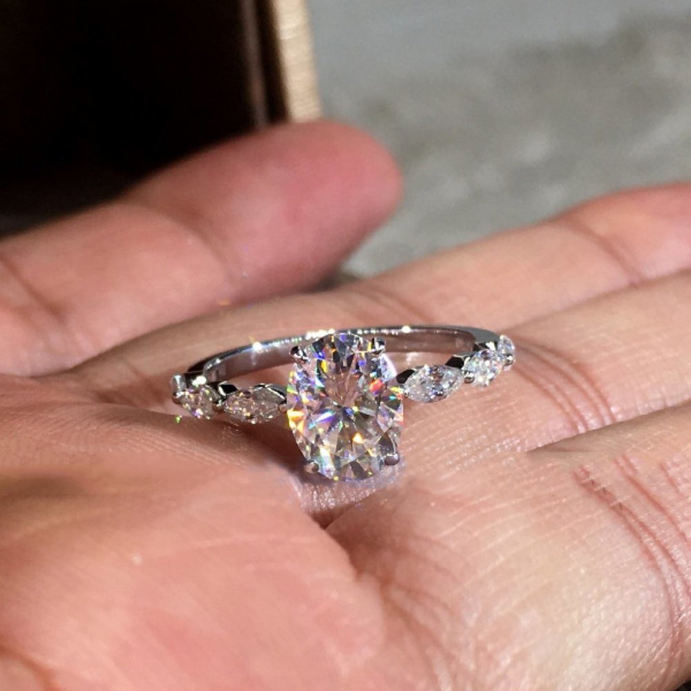 NEW Silver Oval Diamond Engagement Ring 15 - Picture 5 of 8